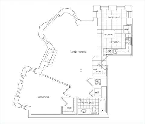Floor plan for 1 bed, 1 bath, 1013 sqft
